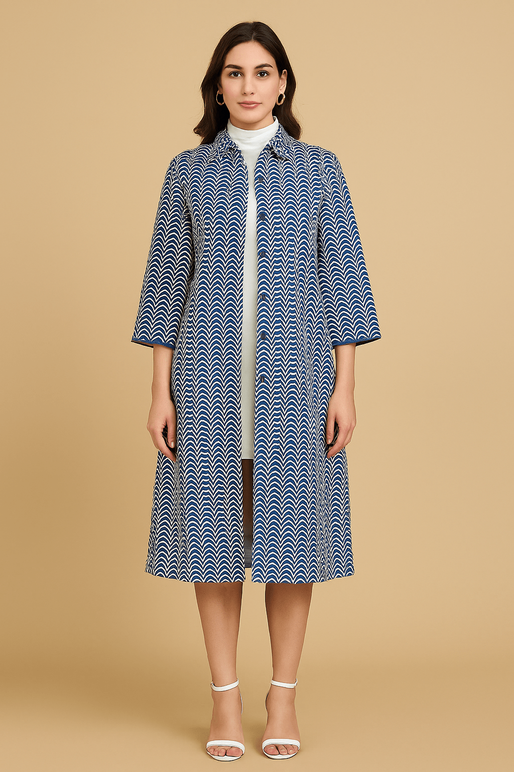 The Kaftan Company Jacket Blue and White Wool Jacket with Button-Down Front