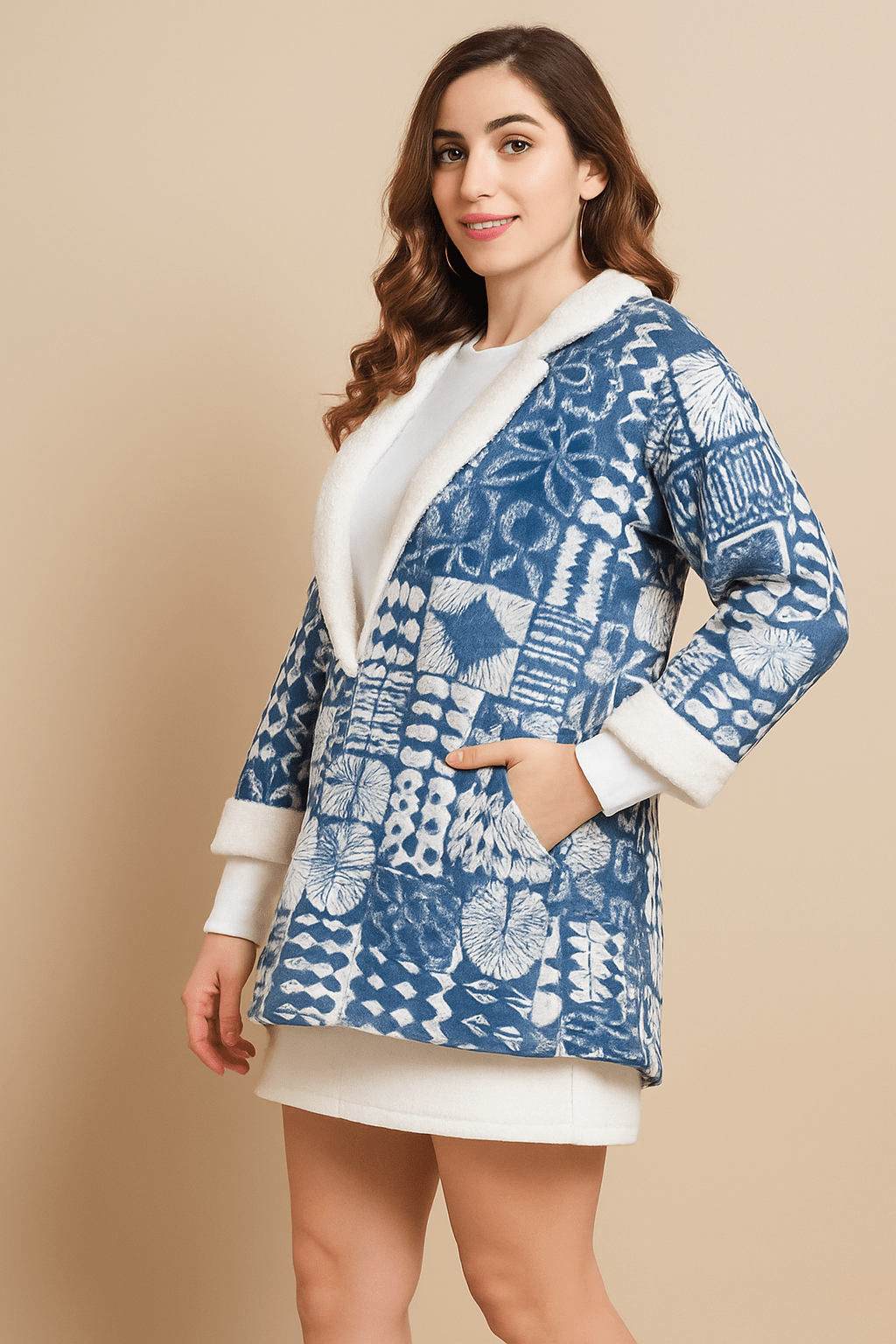 The Kaftan Company Jacket Indigo Aztec Patchwork Jacket with Fleece Lining