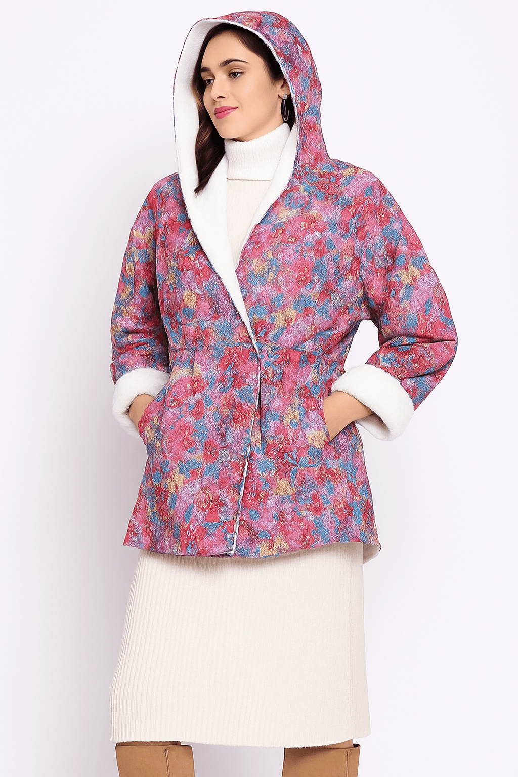 The Kaftan Company Jacket Pink Floral Jacket with Fleece Lining and Hood