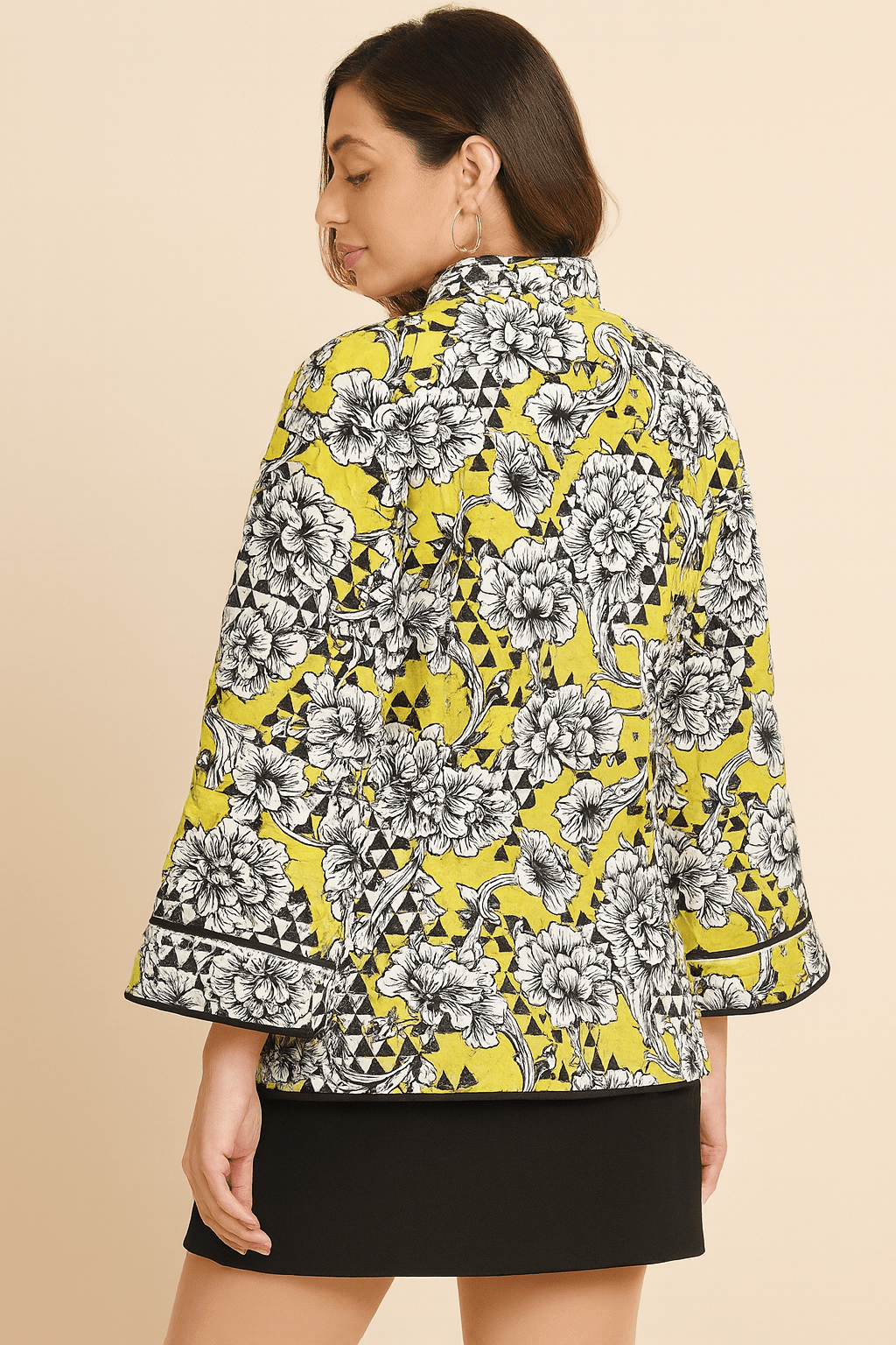 The Kaftan Company Jacket Yellow Geo-Floral Quilted Jacket with Contrast Trim
