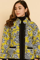 The Kaftan Company Jacket Yellow Geo-Floral Quilted Jacket with Contrast Trim