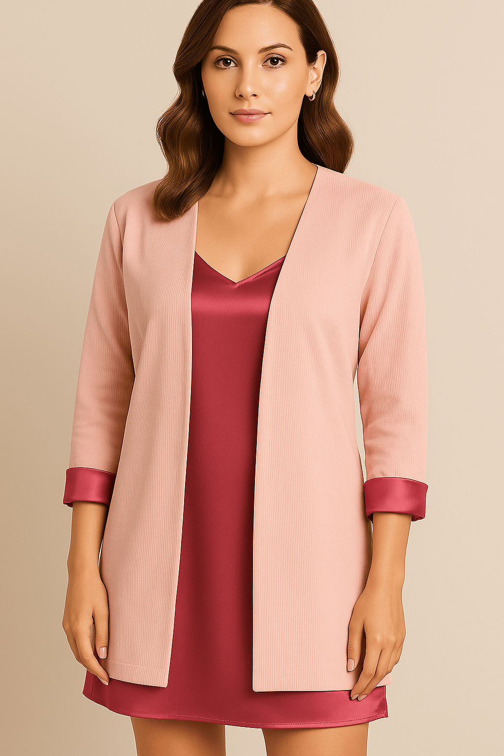 The Kaftan Company Jackets Blush Pink Corduroy Open-Front Jacket with Satin Cuff Detail