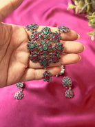 The Kaftan Company Jewelry Green and  Maroon German Silver Necklace Set