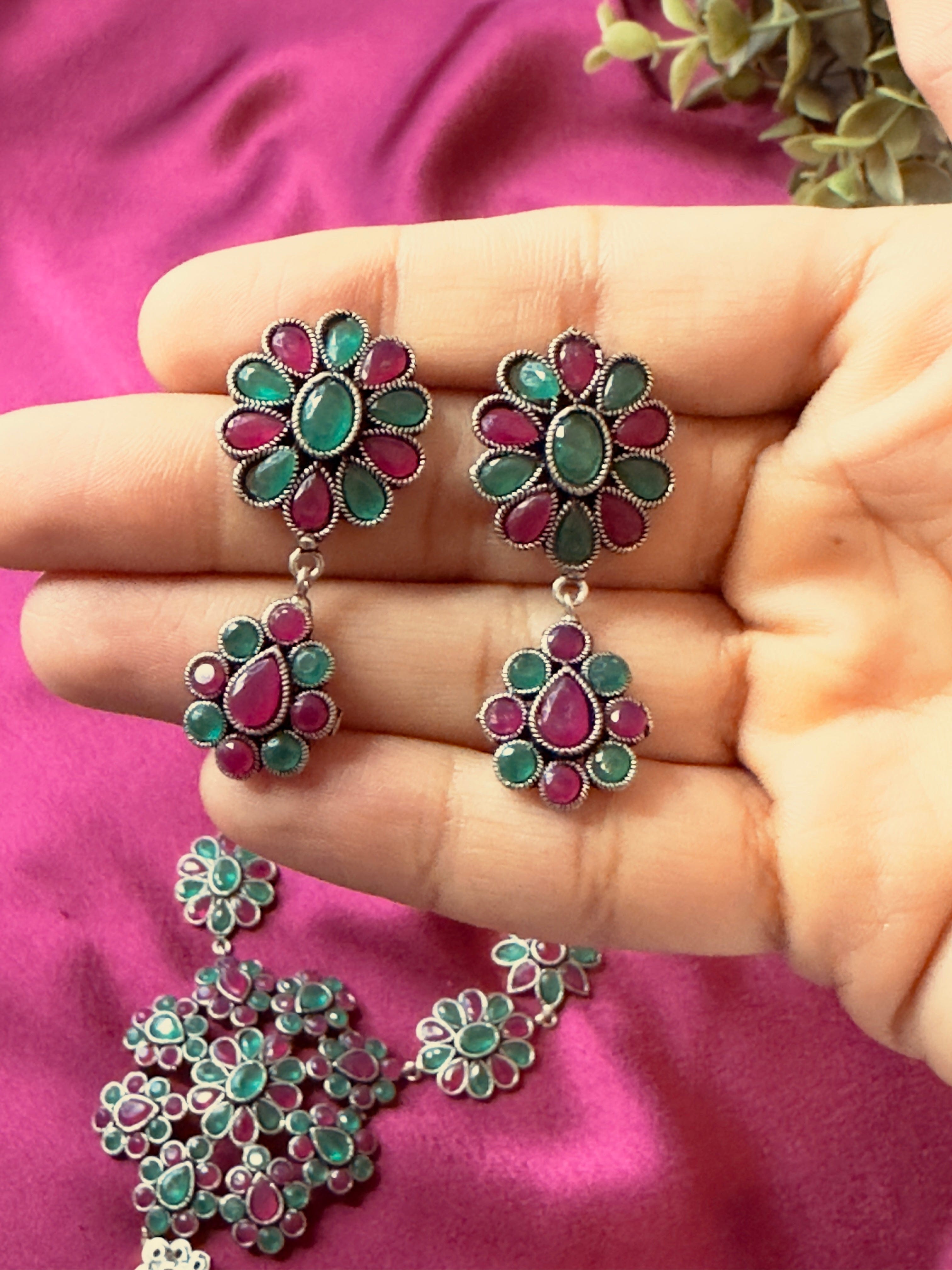 The Kaftan Company Jewelry Green and  Maroon German Silver Necklace Set