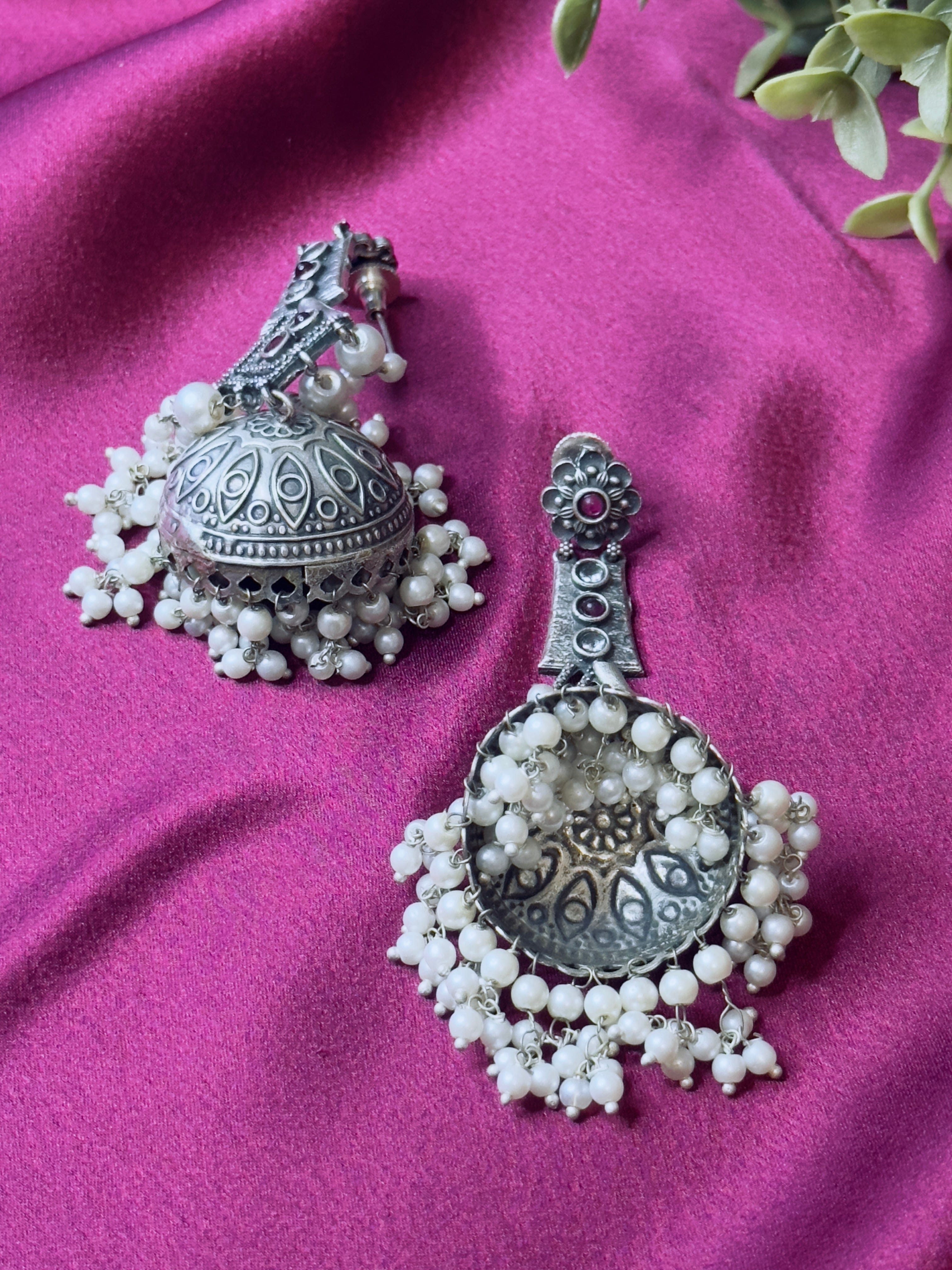 The Kaftan Company Jewelry Heritage Temple Jhumka German Silver Earrings with Ruby Highlights & Pearl Clusters