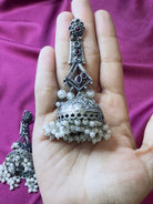 The Kaftan Company Jewelry Heritage Temple Jhumka German Silver Earrings with Ruby Highlights & Pearl Clusters