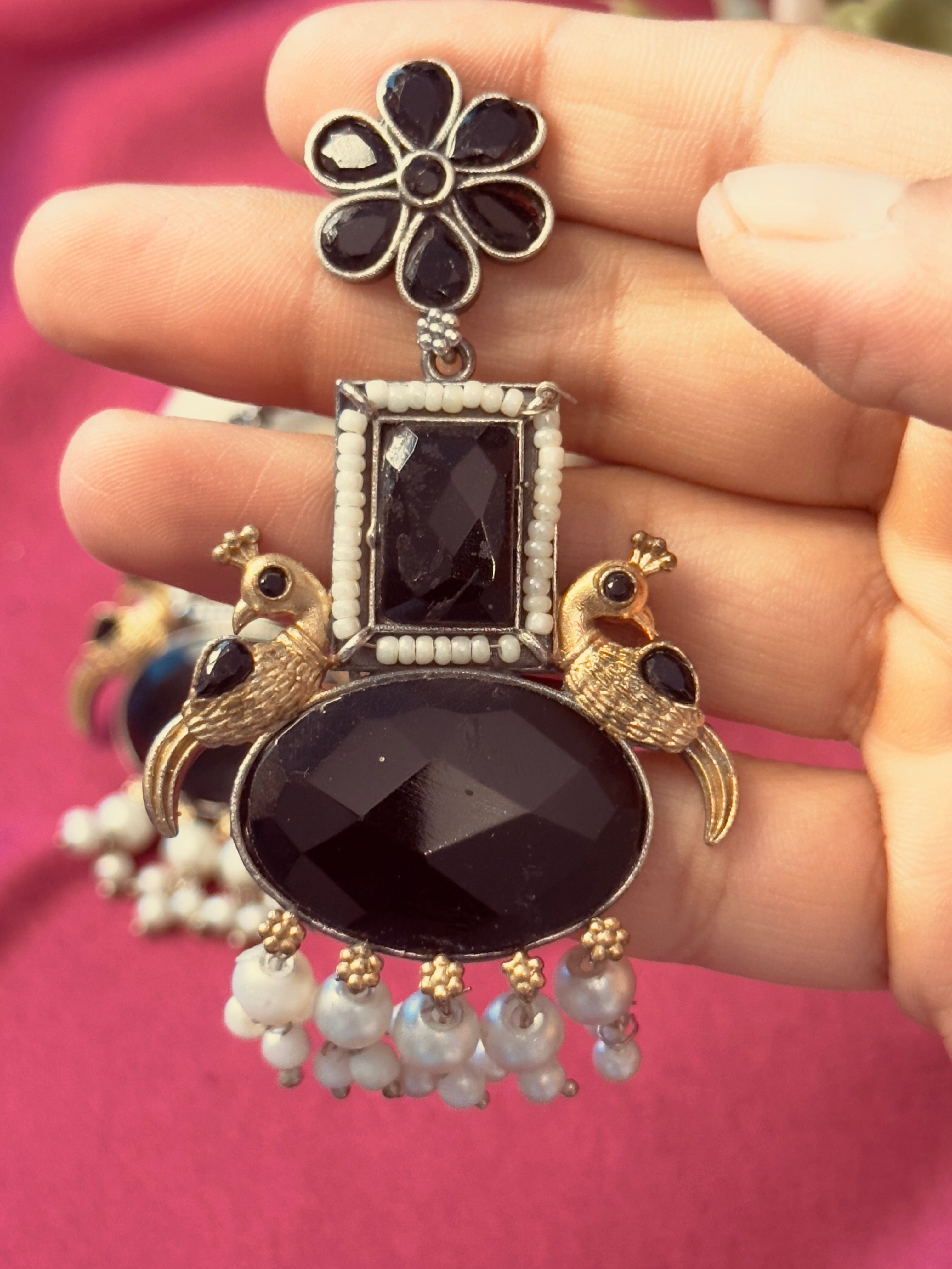 The Kaftan Company Jewelry Midnight Peacock German Silver Earrings with Black Stone & Pearl Drops