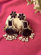 The Kaftan Company Jewelry Midnight Peacock German Silver Earrings with Black Stone & Pearl Drops