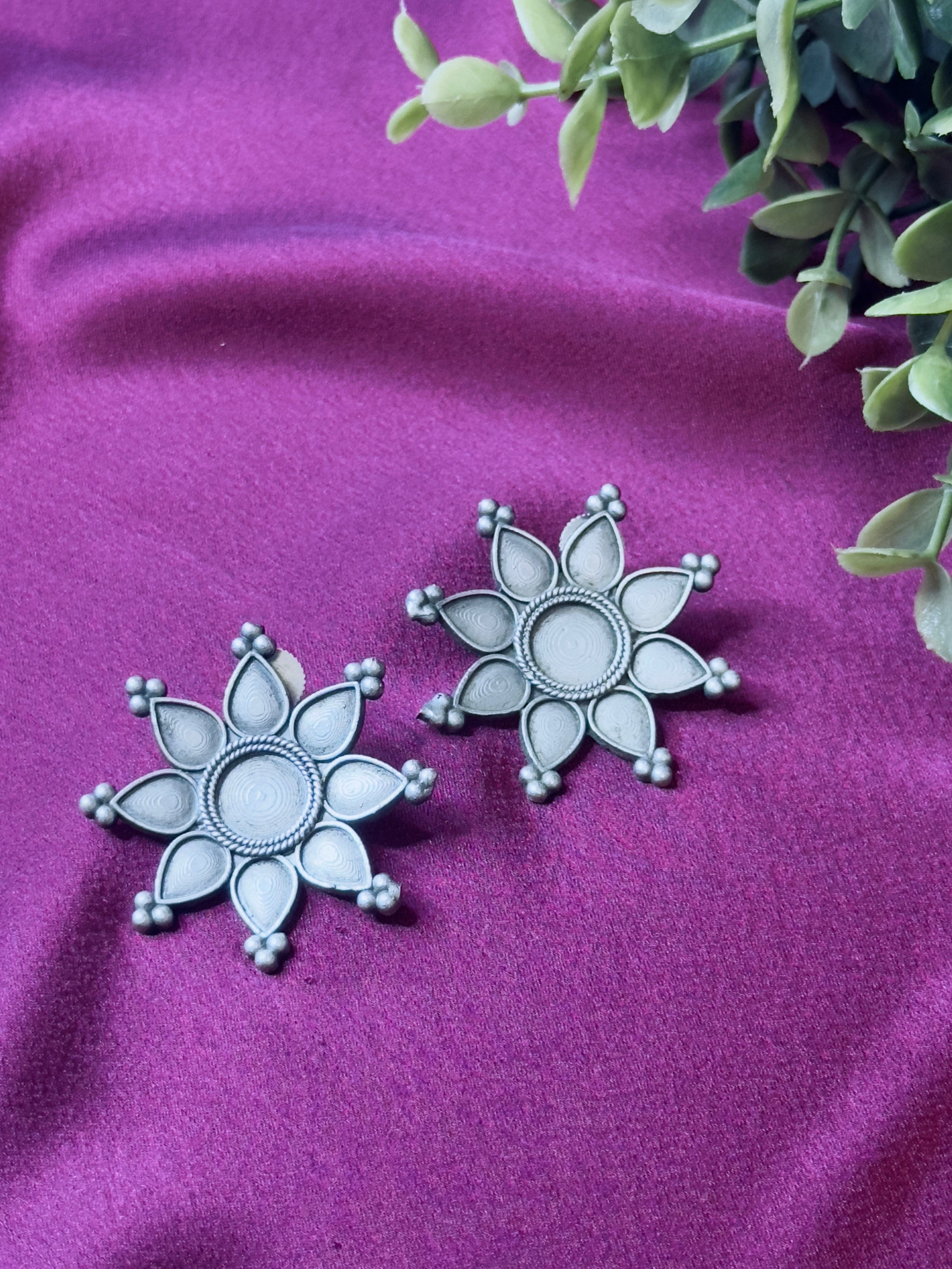The Kaftan Company Jewelry Oxidised German Silver Flower Stud Earrings