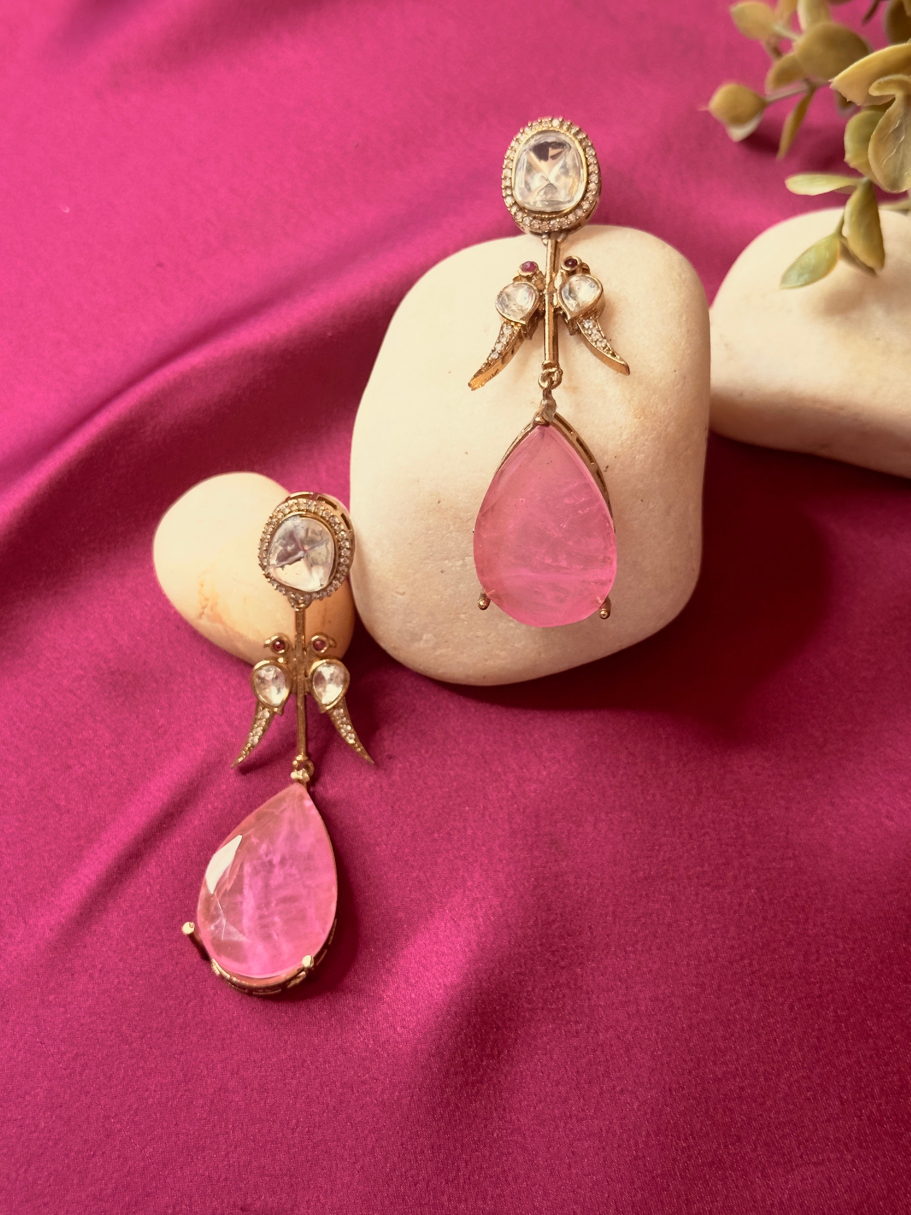 Polki Rose Pink Drop Earrings