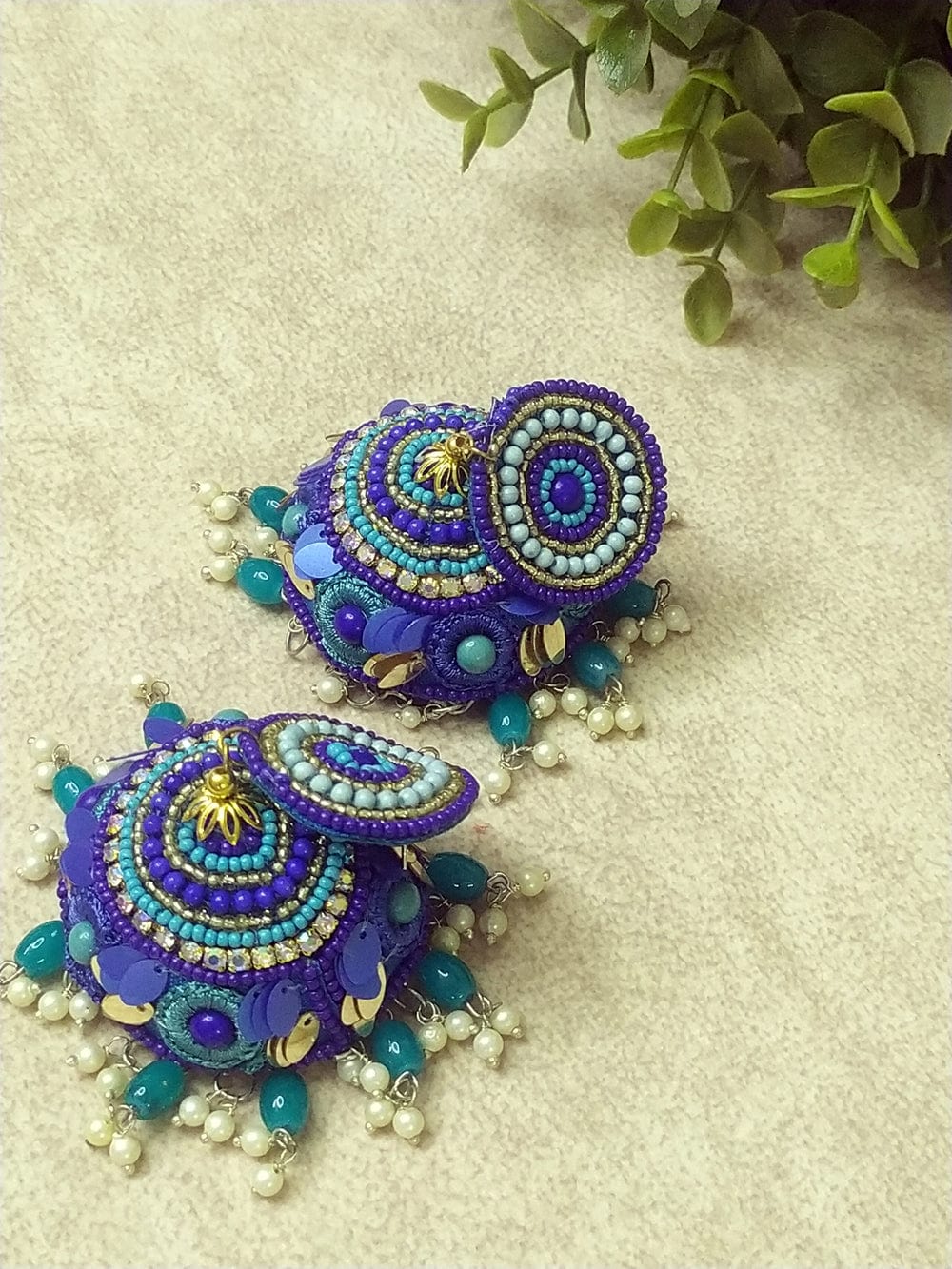 The Kaftan Company Jewelry Regular Extra-Large Handcrafted Jhumkas with Vibrant Colors and Pearl