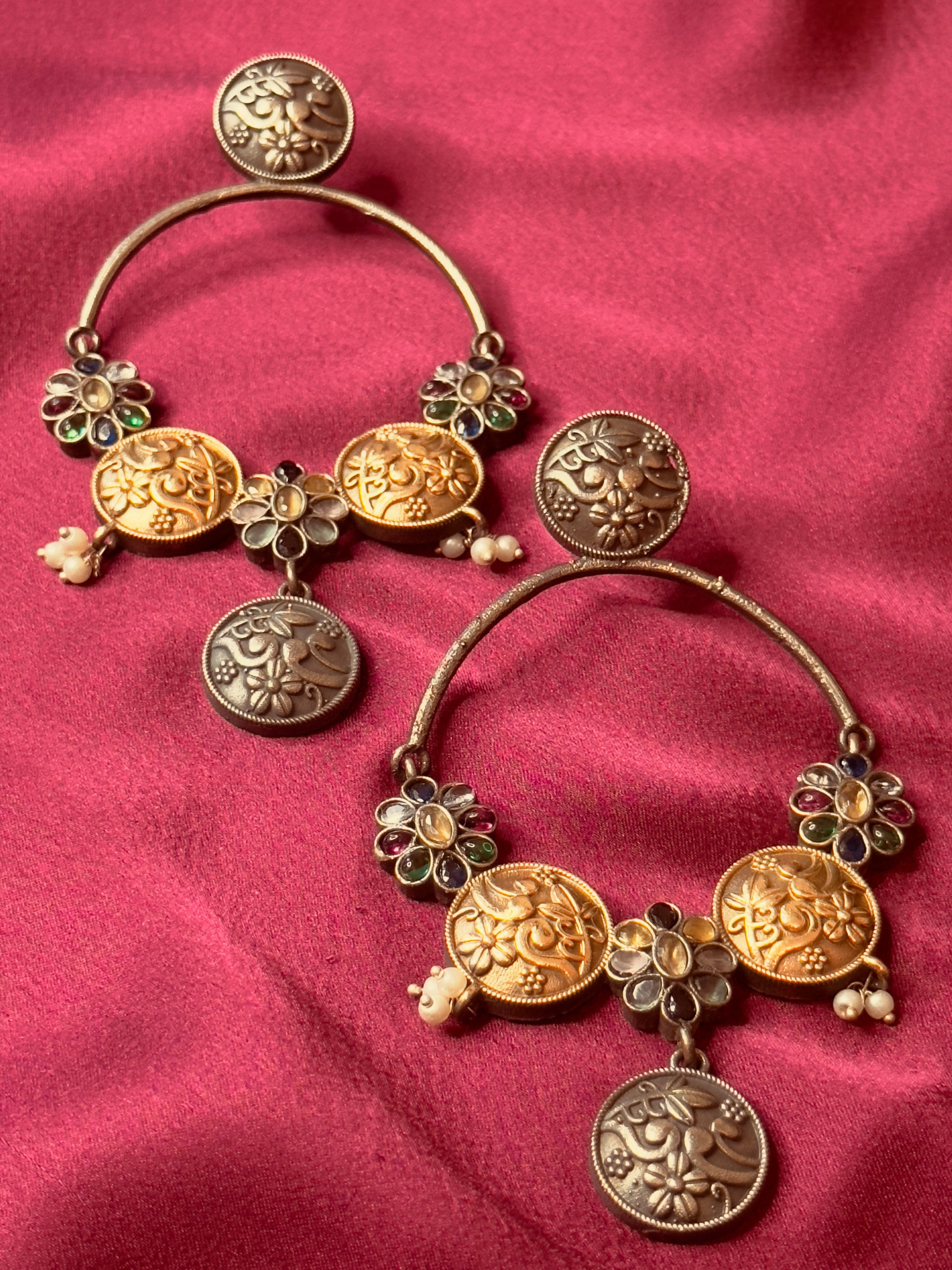 The Kaftan Company Jewelry Royal Coin and Floral Hoop German Silver Earrings with Pearl Drops