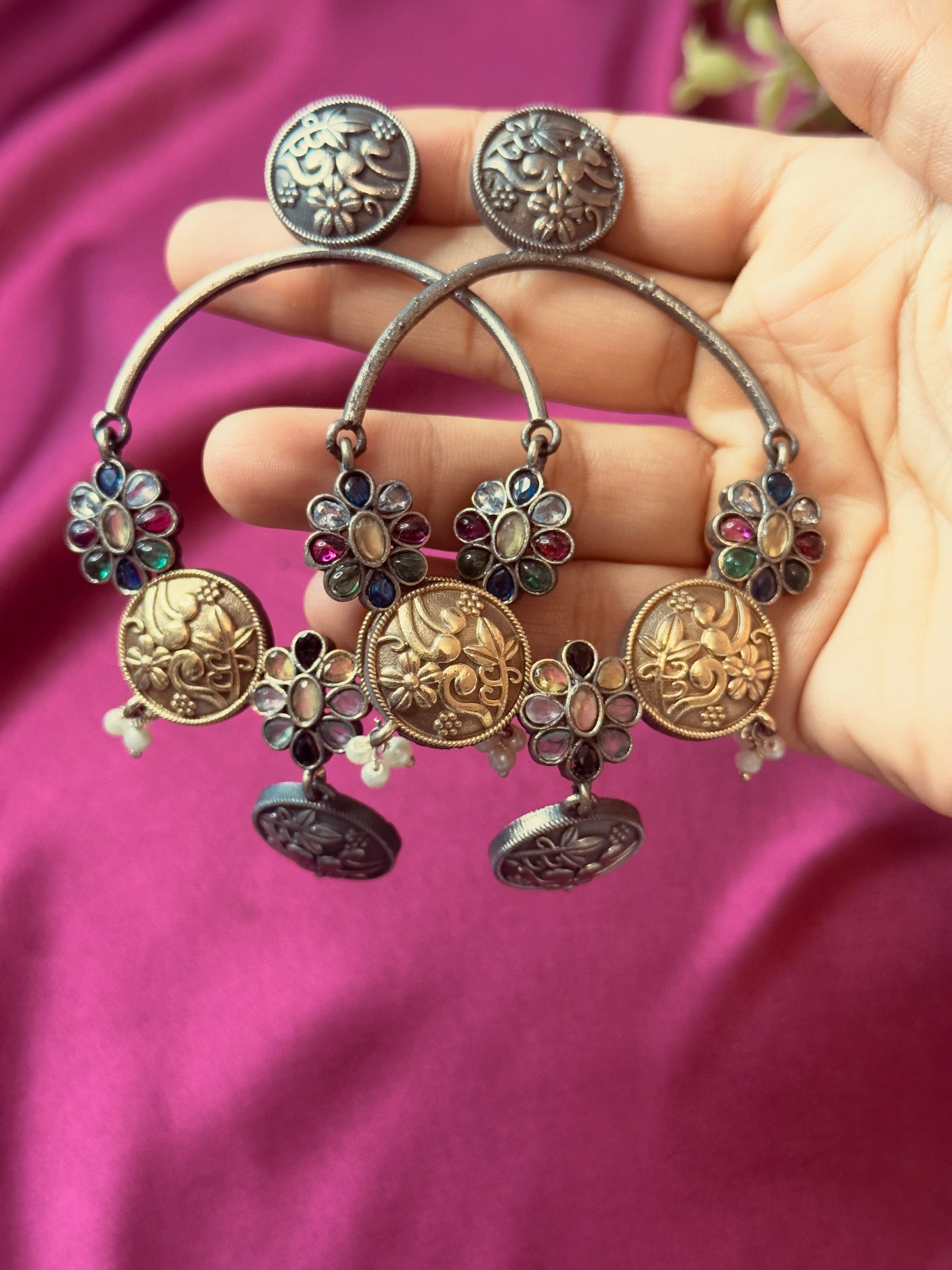 The Kaftan Company Jewelry Royal Coin and Floral Hoop German Silver Earrings with Pearl Drops