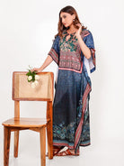 The Kaftan Company Kaft Navy Satin Floral Printed Loungewear Kaftan