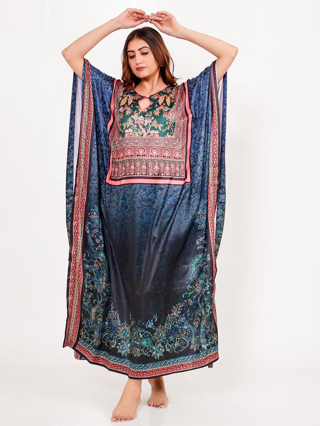The Kaftan Company Kaft Navy Satin Floral Printed Loungewear Kaftan