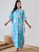 The Kaftan Company Kaftan Abstract Floral Bright Blue Pom Pom Cotton Night wear Kaftan