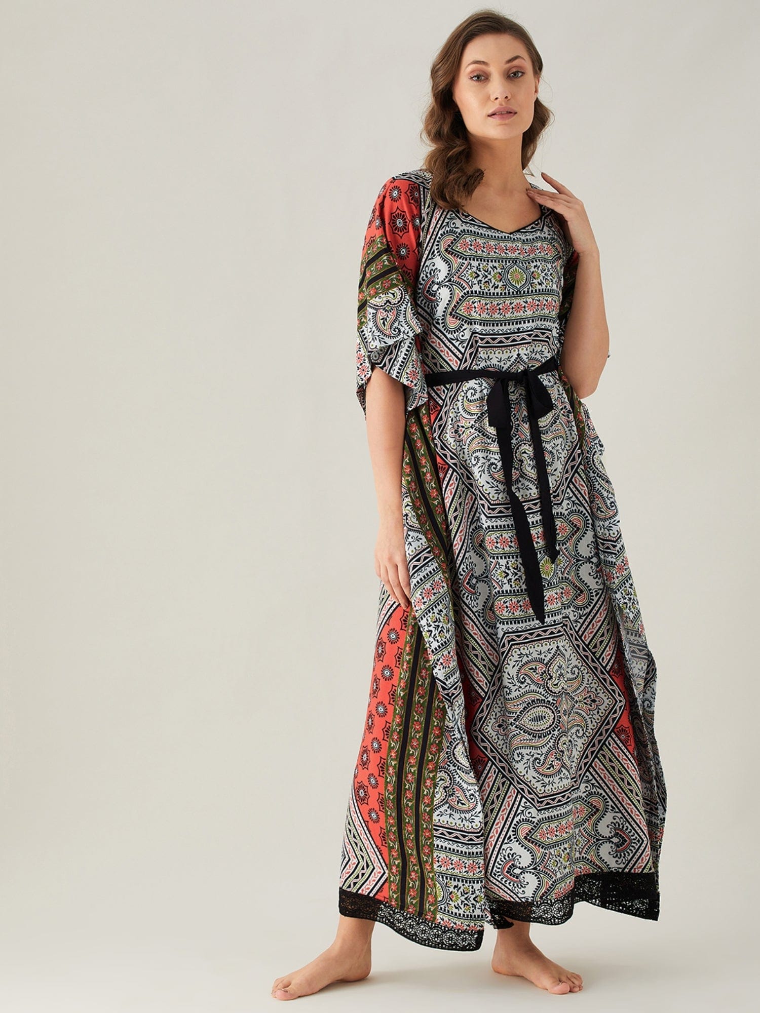 The Kaftan Company Kaftan Abstract Patterned Maxi Kaftan with Belt (Final Sale)