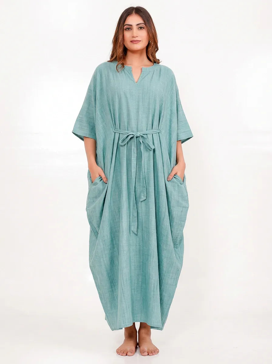The Kaftan Company Kaftan Aqua Cotton Viscose Kaftan with Tie Waist and Pockets