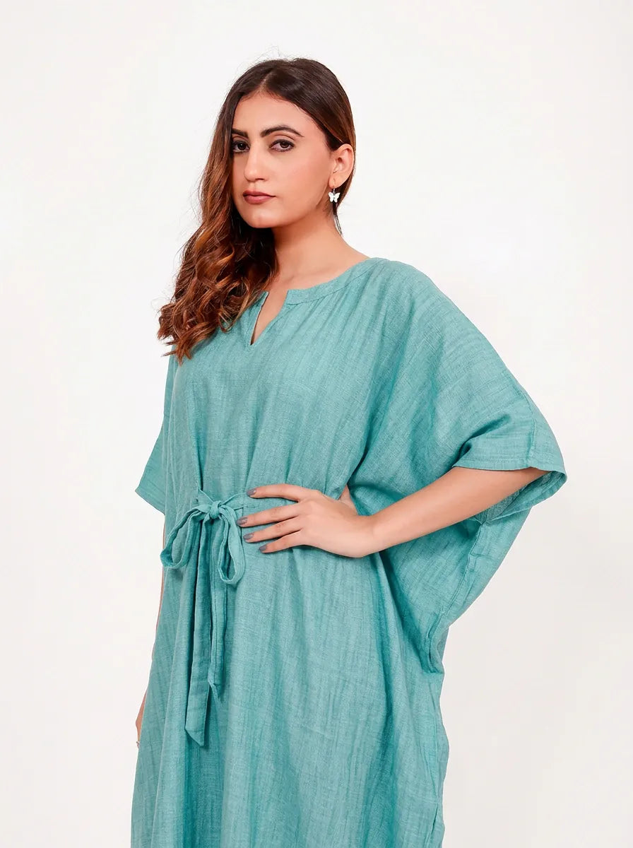 The Kaftan Company Kaftan Aqua Cotton Viscose Kaftan with Tie Waist and Pockets