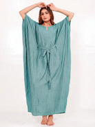 The Kaftan Company Kaftan Aqua Cotton Viscose Kaftan with Tie Waist and Pockets