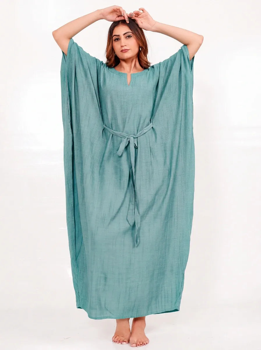 The Kaftan Company Kaftan Aqua Cotton Viscose Kaftan with Tie Waist and Pockets