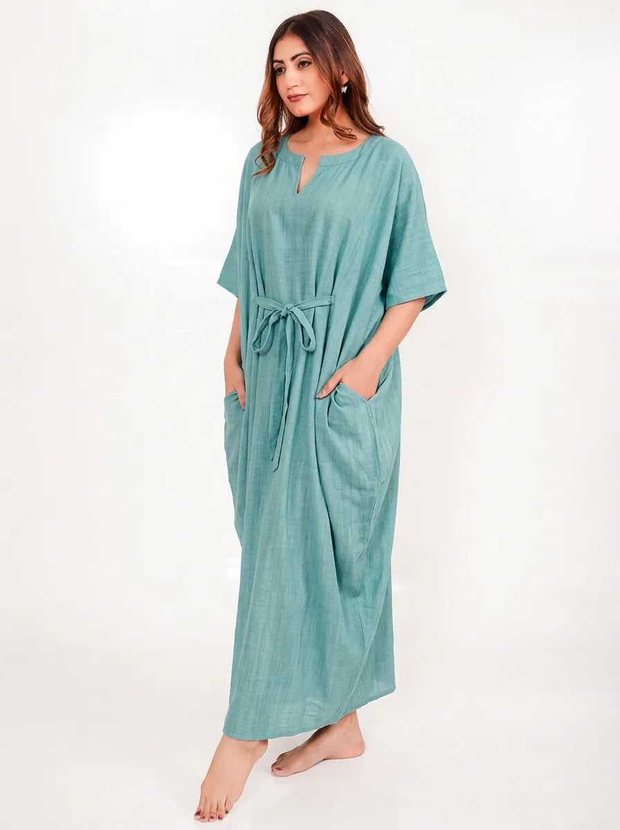 The Kaftan Company Kaftan Aqua Cotton Viscose Kaftan with Tie Waist and Pockets