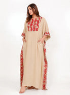 The Kaftan Company Kaftan Beige Cotton Kaftan with Red Floral Yoke Panel