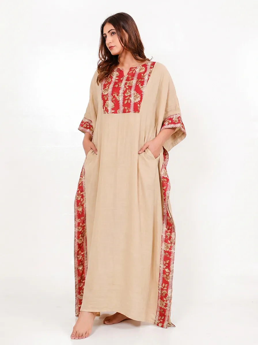 The Kaftan Company Kaftan Beige Cotton Kaftan with Red Floral Yoke Panel