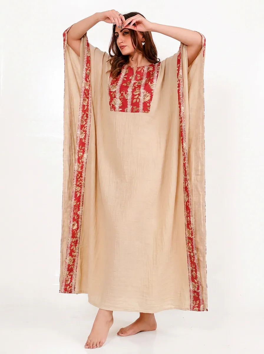 The Kaftan Company Kaftan Beige Cotton Kaftan with Red Floral Yoke Panel