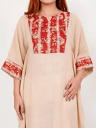 The Kaftan Company Kaftan Beige Cotton Kaftan with Red Floral Yoke Panel