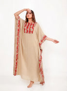 The Kaftan Company Kaftan Beige Cotton Kaftan with Red Floral Yoke Panel