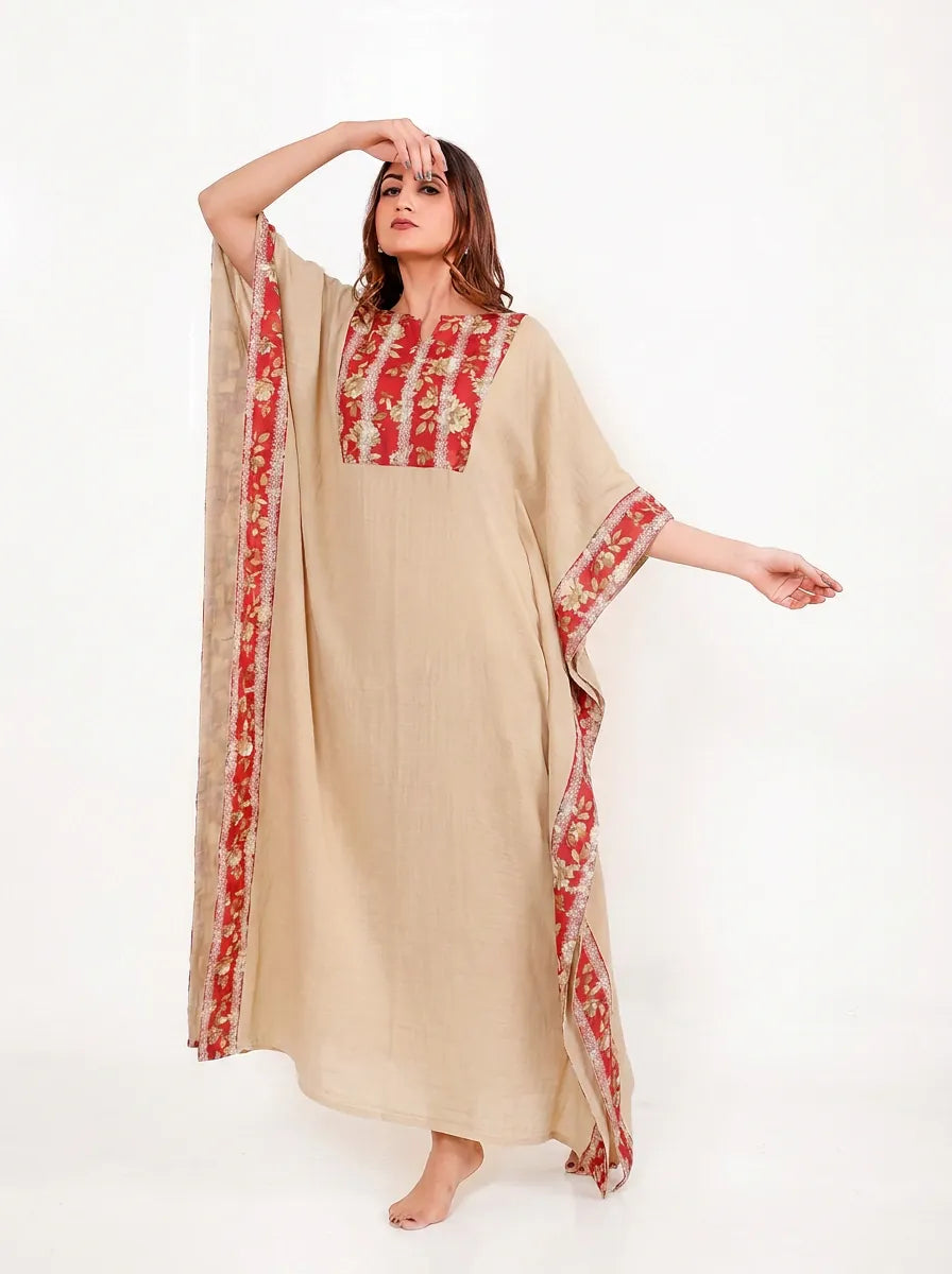 The Kaftan Company Kaftan Beige Cotton Kaftan with Red Floral Yoke Panel