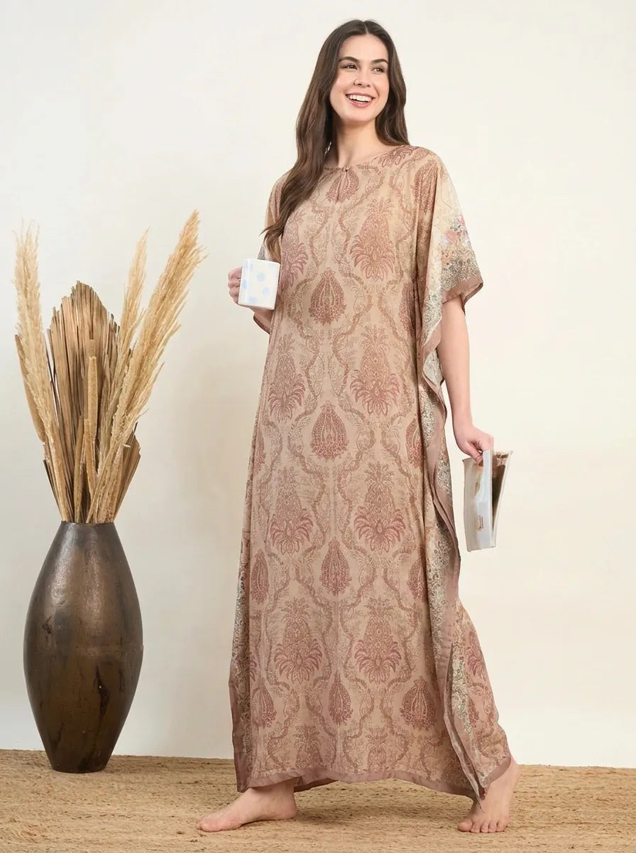 The Kaftan Company Kaftan Beige Damask Print Modal Maternity Kaftan
