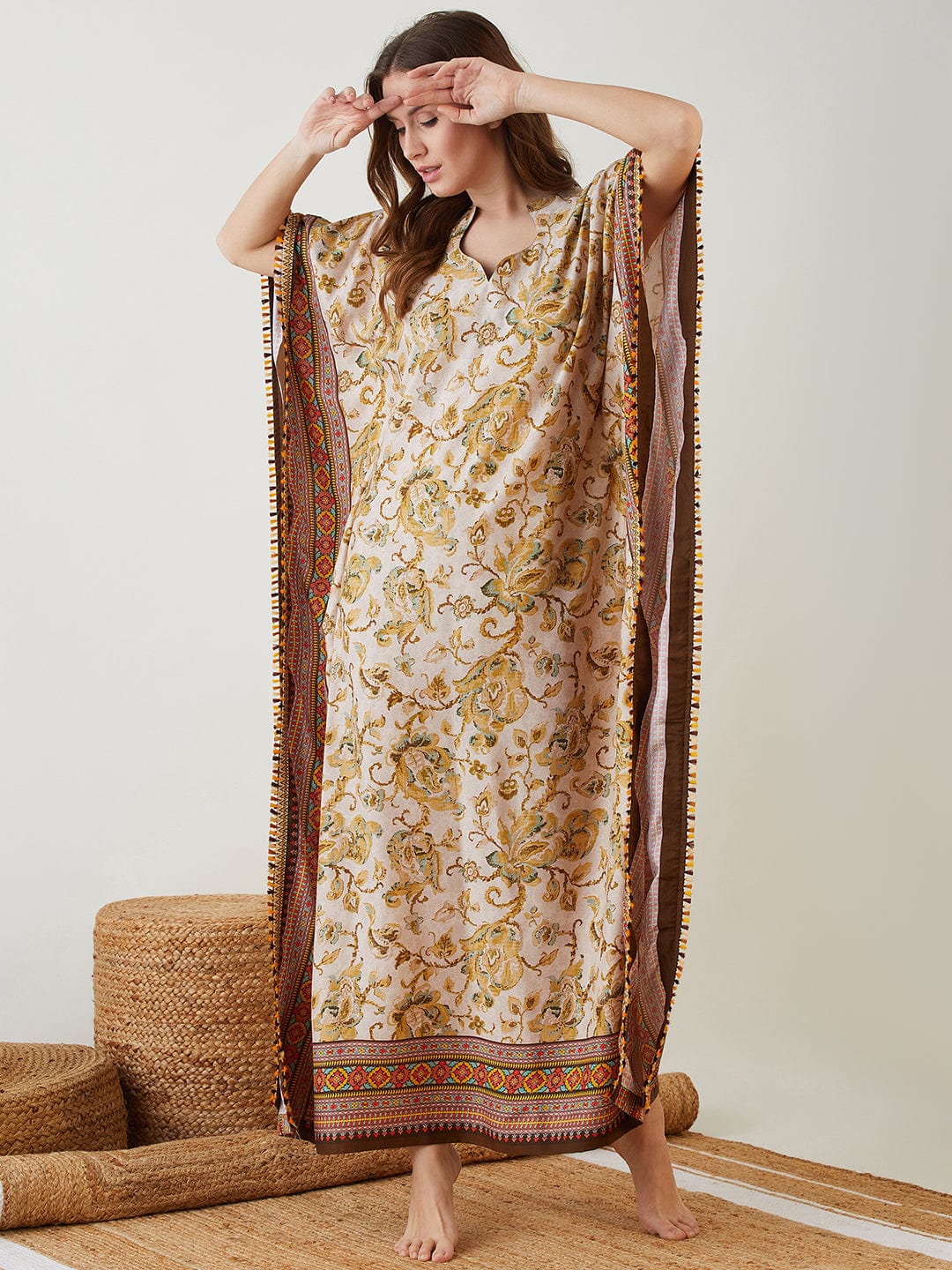 The Kaftan Company Kaftan Beige Floral Bliss Kaftan