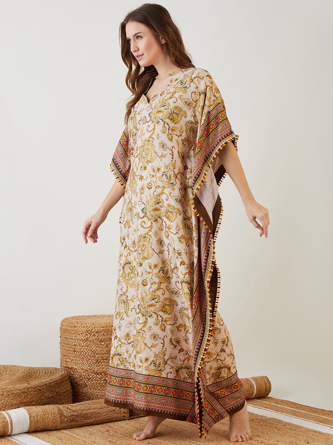 The Kaftan Company Kaftan Beige Floral Bliss Kaftan
