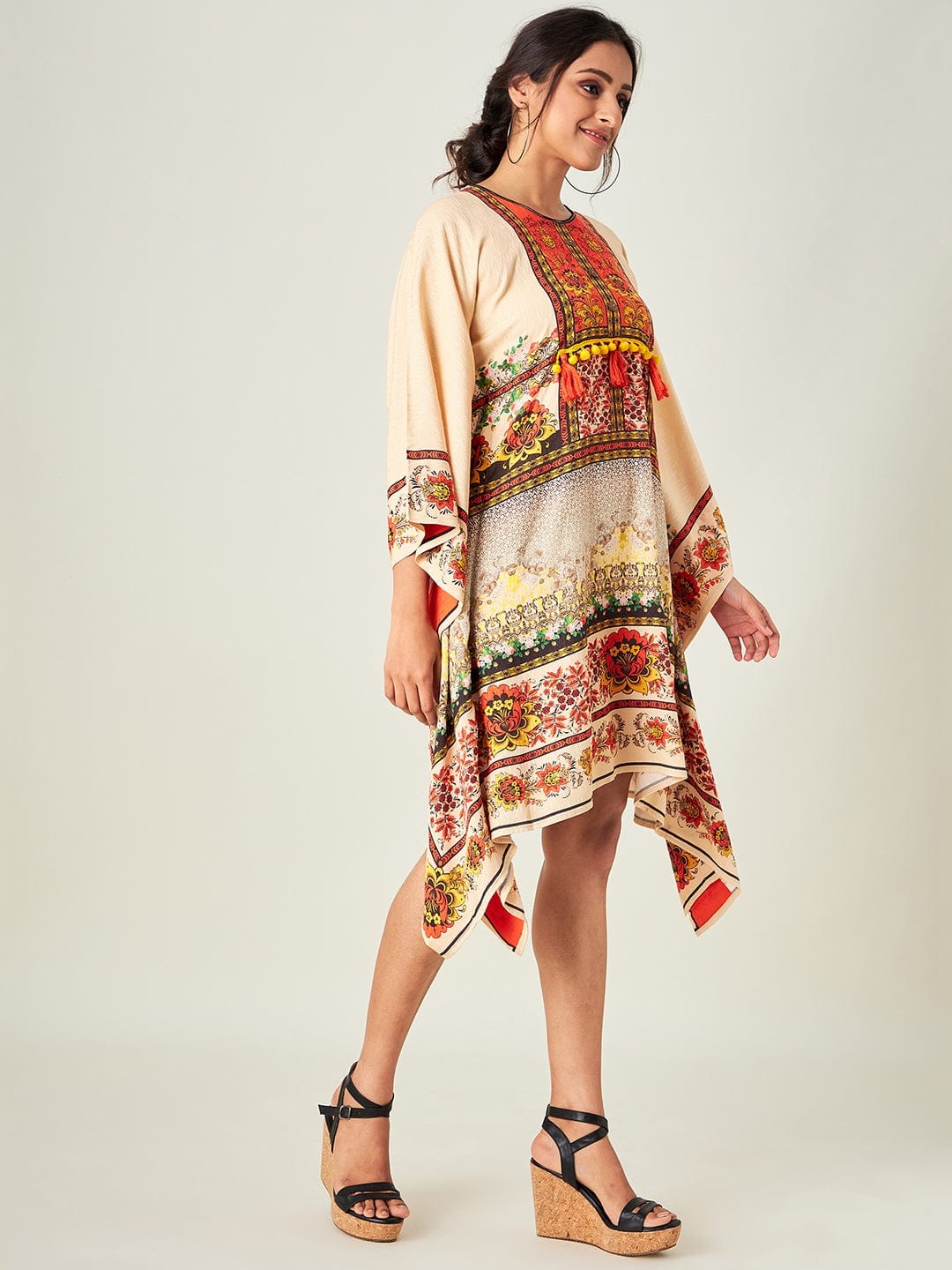 The Kaftan Company Kaftan Beige Florets Resort Cover-Up (Final Sale)