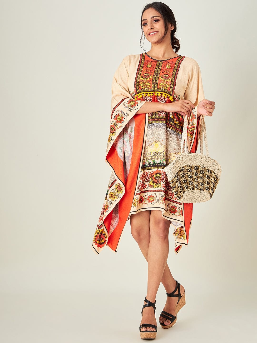 The Kaftan Company Kaftan Beige Florets Resort Cover-Up (Final Sale)