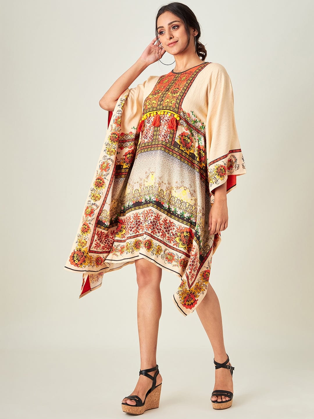 The Kaftan Company Kaftan Beige Florets Resort Cover-Up (Final Sale)