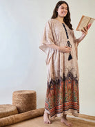 The Kaftan Company Kaftan Beige Paisley Border Print Maternity Nursing Kaftan with Tassel Drawstring