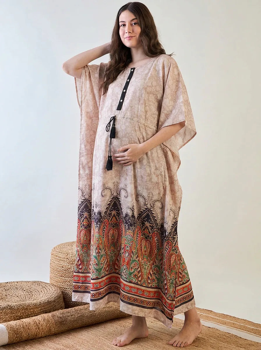 The Kaftan Company Kaftan Beige Paisley Border Print Maternity Nursing Kaftan with Tassel Drawstring