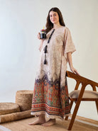 The Kaftan Company Kaftan Beige Paisley Border Print Maternity Nursing Kaftan with Tassel Drawstring