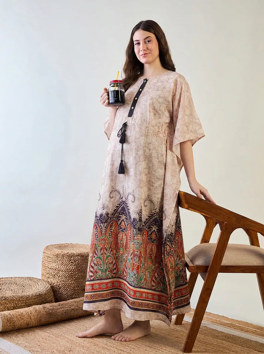 The Kaftan Company Kaftan Beige Paisley Border Print Maternity Nursing Kaftan with Tassel Drawstring