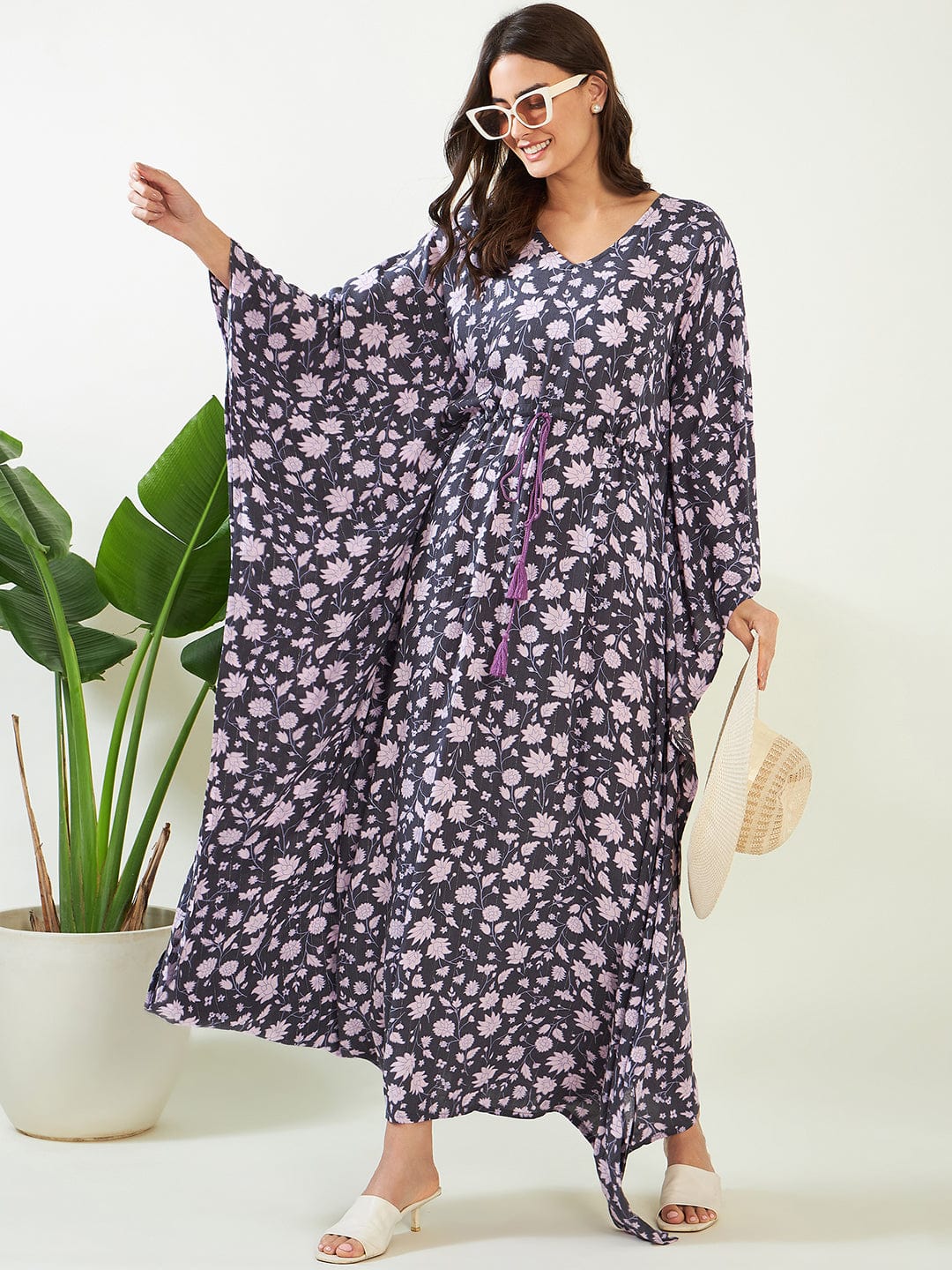 The Kaftan Company Kaftan Black and Lilac Floral Kaftan