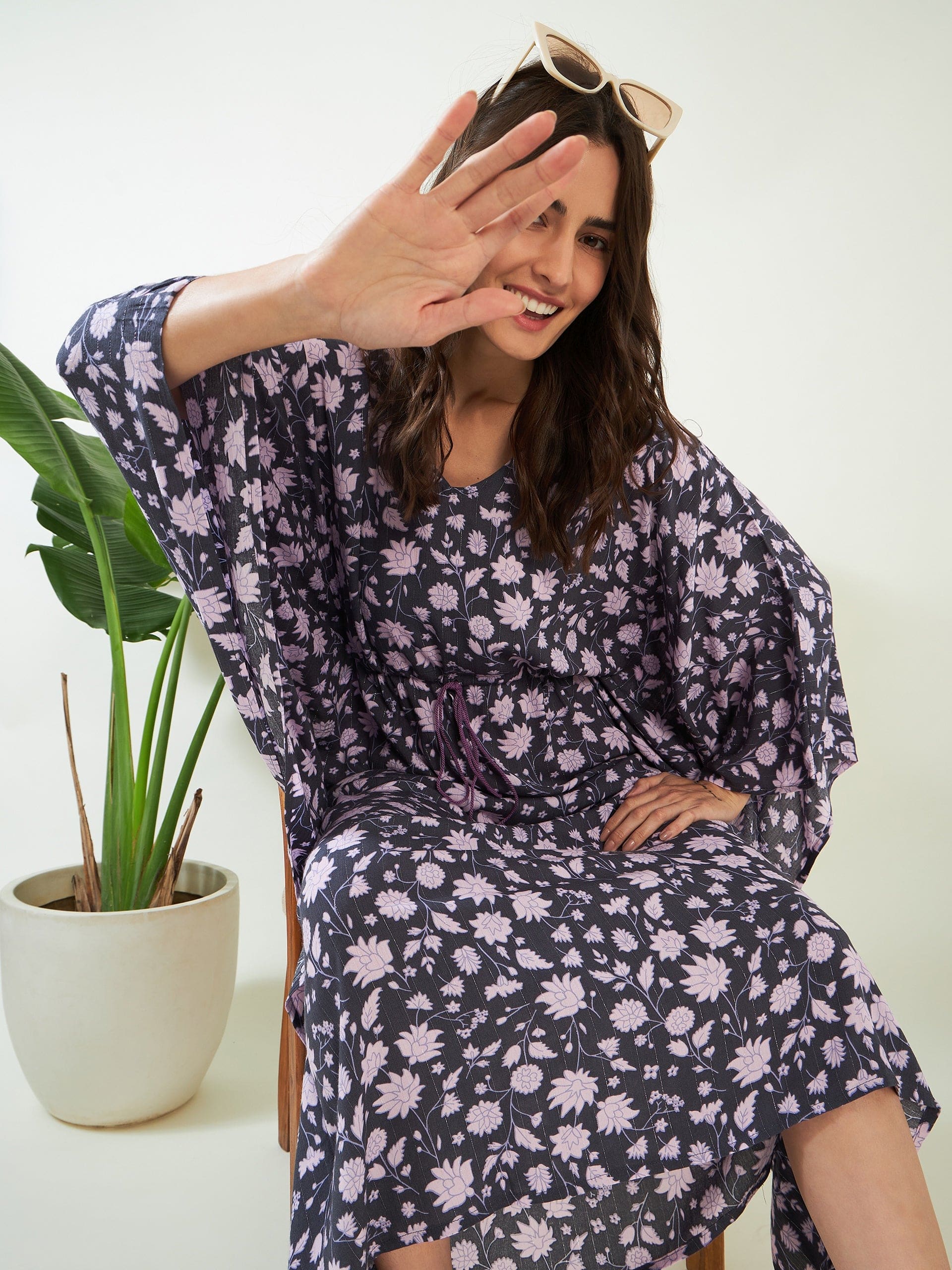 The Kaftan Company Kaftan Black and Lilac Floral Kaftan