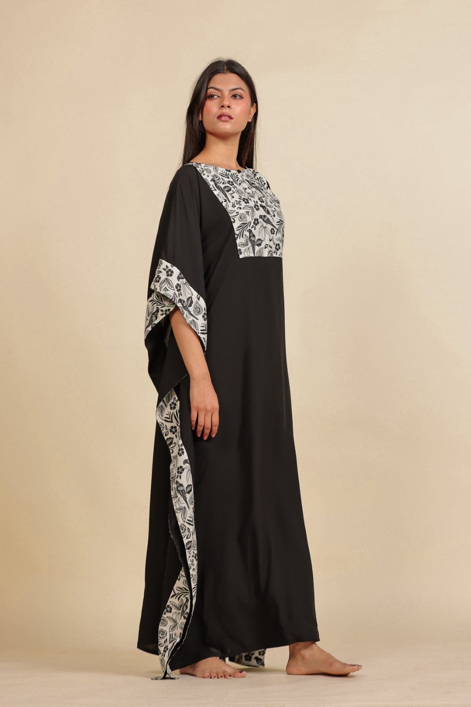 The Kaftan Company Kaftan Black and White Floral Printed Modal Kaftan Nighty
