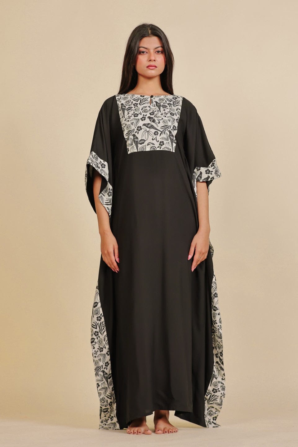 The Kaftan Company Kaftan Black and White Floral Printed Modal Kaftan Nighty