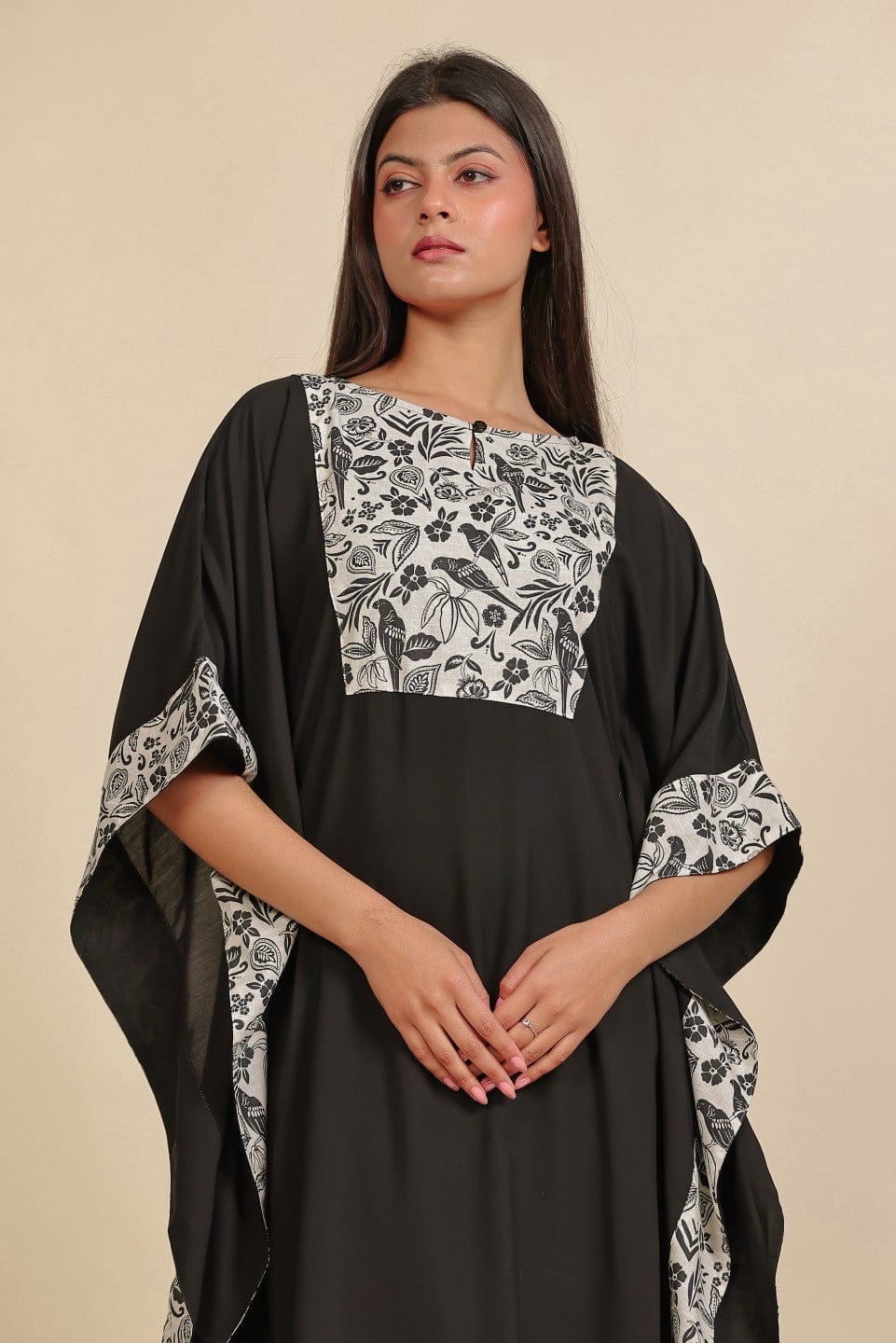 The Kaftan Company Kaftan Black and White Floral Printed Modal Kaftan Nighty