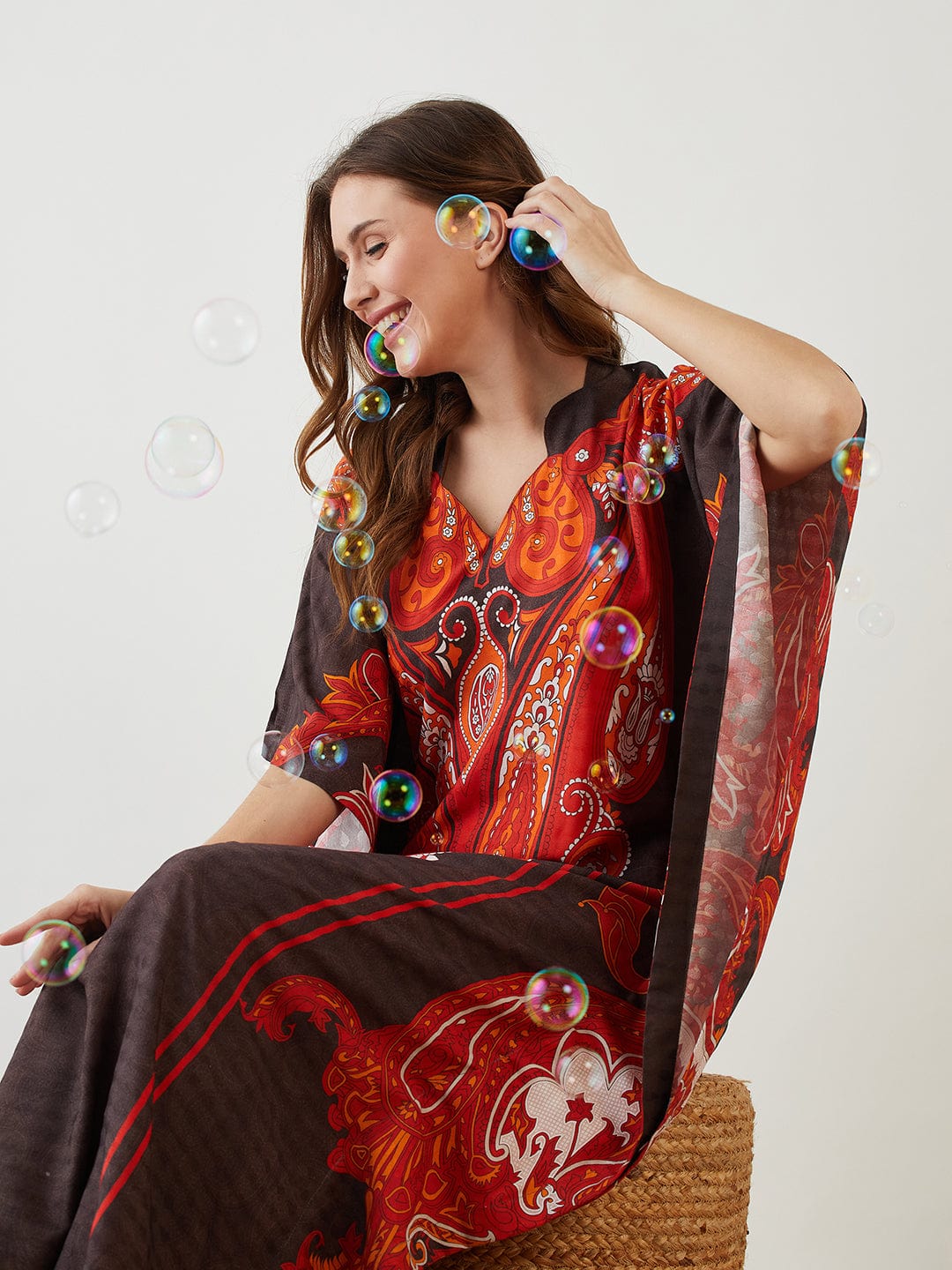 The Kaftan Company Kaftan Black Bleached Effect Paisley Printed Kaftan