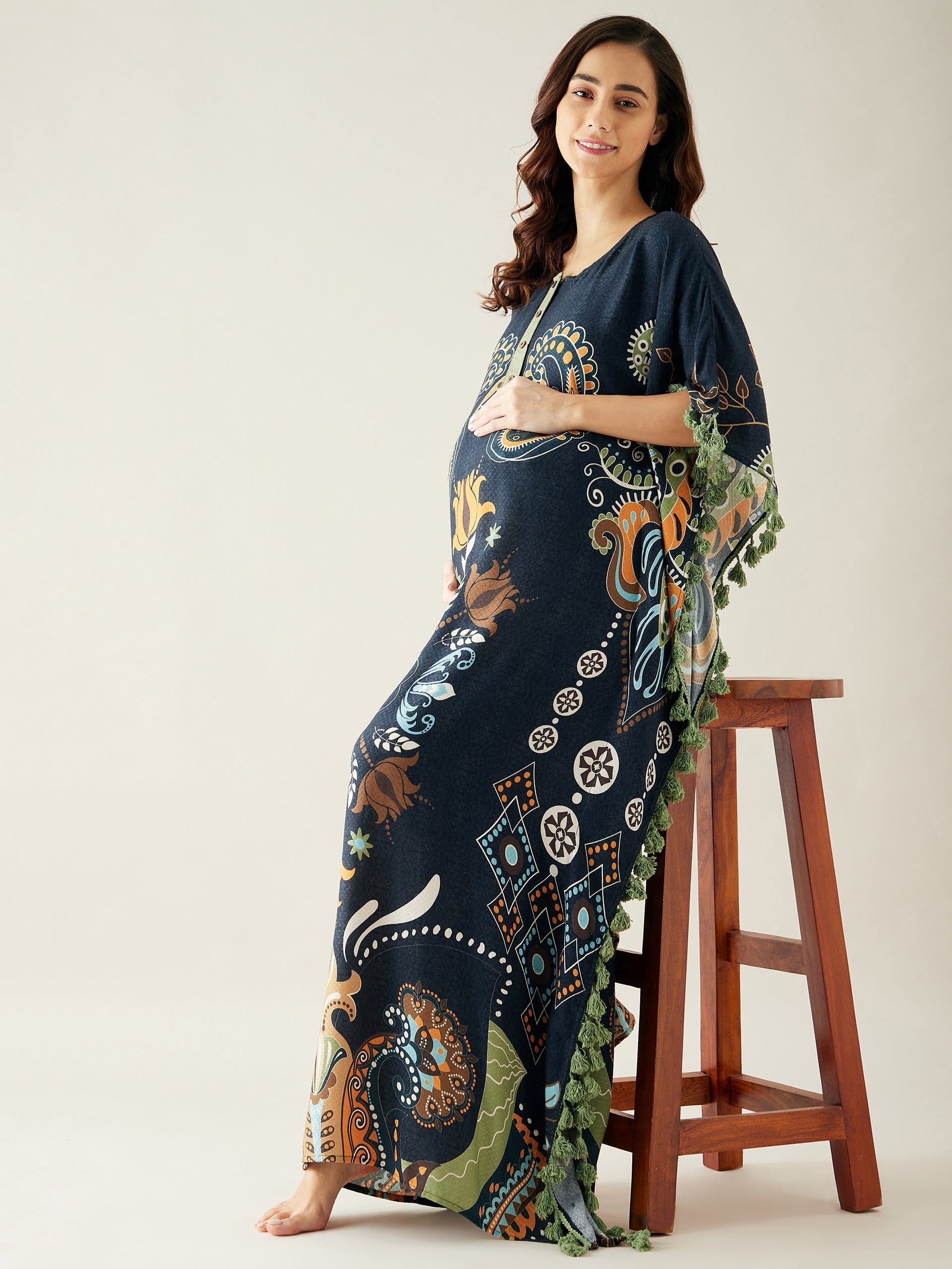 The Kaftan Company Kaftan Black Digital Printed Night Wear Maternity Kaftan