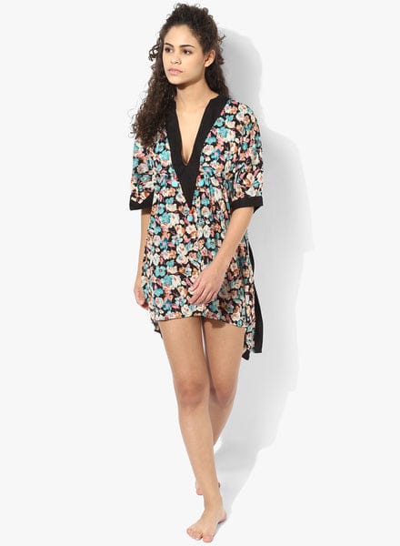 The Kaftan Company Kaftan Black Floral Kaftan with Pom Pom